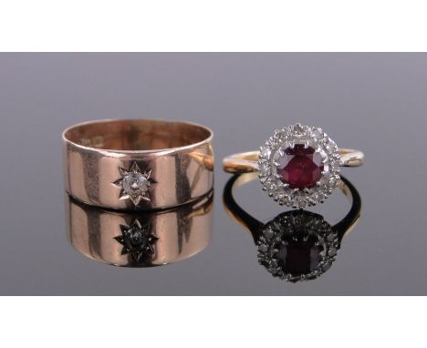 An 18 ct gold ruby & diamond cluster ring,setting height 20 mm, size M, & a 9 ct gold gypsy ring (2)