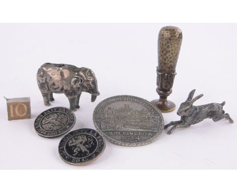 Group of miniature items,including a silver elephant pin cushion, miniature, hare, buttons, desk seal, etc (7)