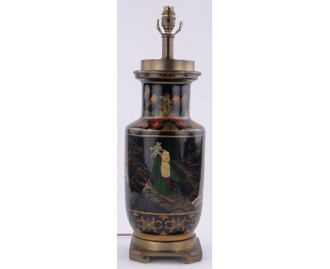 An Oriental black ground ceramic table lamp,with painted figures & animals, on brass plinth base, height excluding fitting 16