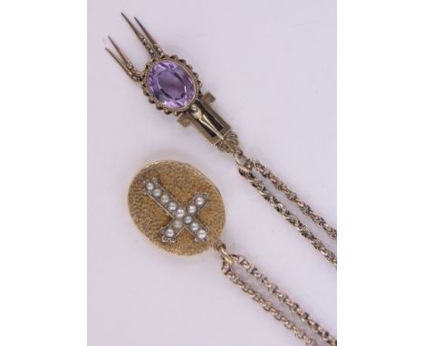 A Pearl set gold locket on gold chain & an amethyst & gold pendant on chain (2)