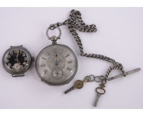 A Victorian key wind pocket watch with gold & silver dial,case width 50 mm, silver watch chain & a silver cased military wris