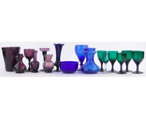 A Group of Victorian & later coloured glass,including a hand blown amethyst glass vase, height 6", 6 various green wine glass