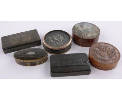 6 Various 18th/ 19th century snuff boxes,including a turned wood box with hand painted hot air balloon scene, diameter 3", a 