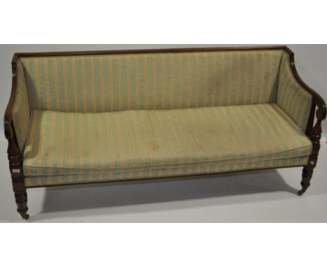 A George III mahogany framed sofa with Regency stripe upholstery, scrolled arms & turned legs, length 6' 2", height 2' 9", de