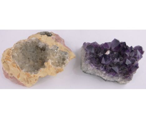 A large natural amethyst crystal specimen,length 9" & a large rock crystal geode specimen, length 10" (2)