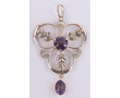 An Edwardian amethyst & gold openwork pendant, height 35 mm
