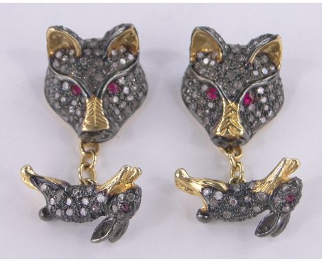 Pair of diamond & ruby encrusted fox & hare design cufflinks,unmarked cast gold settings, mask height 18 mm