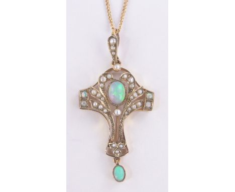 A 9 ct gold opal & pearl set openwork pendant c. 1900 length 48 mm on gold chain, original fitted box