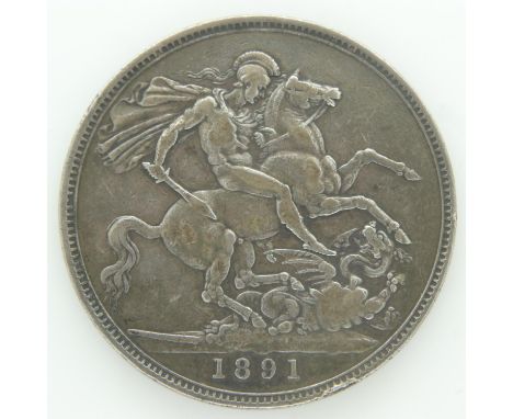 1891 silver crown of Queen Victoria - aVF grade ; dark tone. UK P&amp;P Group 0 (£6+VAT for the first lot and £1+VAT for subs