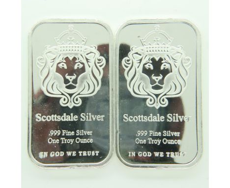 Two Scottsdale Silver one ounce silver bullion ingots. P&amp;P Group 0 (£6+VAT for the first lot and £1+VAT for subsequent lo