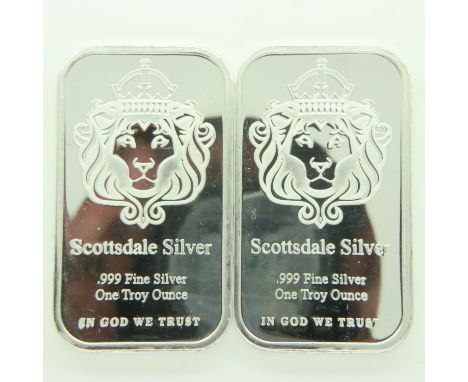 Two Scottsdale Silver one ounce silver bullion ingots. P&amp;P Group 0 (£6+VAT for the first lot and £1+VAT for subsequent lo