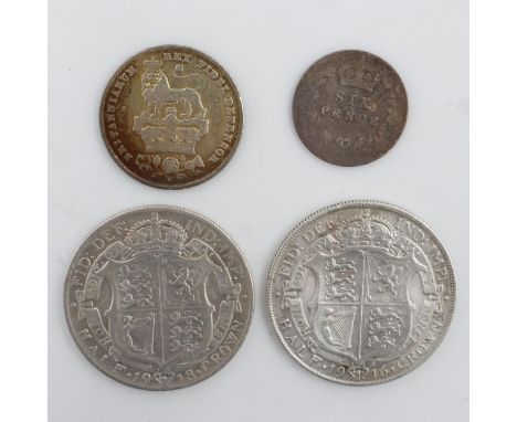 1916 and 1918 silver half crowns in VF grade, a 1905 sixpence and a 1826 George IV shilling. UK P&amp;P Group 1 (£16+VAT for 