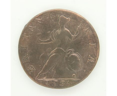1734 halfpenny of George II - F grade. UK P&amp;P Group 0 (£6+VAT for the first lot and £1+VAT for subsequent lots) 