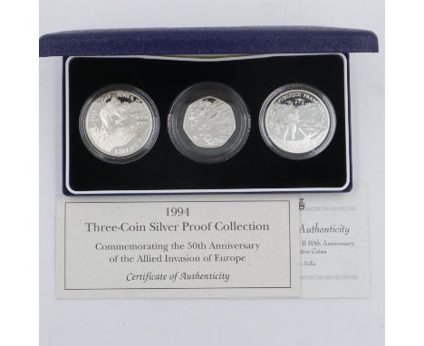 1994 three-coin silver proof set of coins, 50th Anniversary of the Allied Invasion of Europe, boxed with CoA. UK P&amp;P Grou