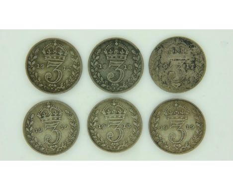 Six silver threepences of George V, mixed good grades. UK P&amp;P Group 0 (£6+VAT for the first lot and £1+VAT for subsequent