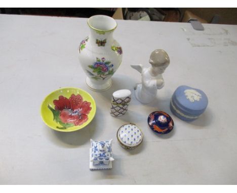 A Moorcroft Hibiscus pattern yellow ground pin dish A/F, a Herend porcelain vase A/F, two Del Prado boxes, a Lladro angel, We