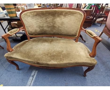 A 20th century French walnut sofa with velour upholstery, raised on cabriole legs, 94cm h x 124cm w x 63cm dLocation: LAB 