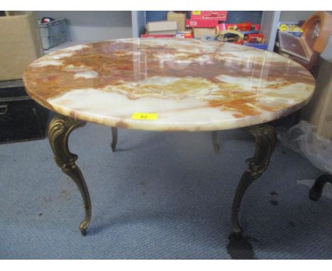 A vintage marble topped occasional table on four gilt metal legs, 43.5h x 69.5 wLocation: 