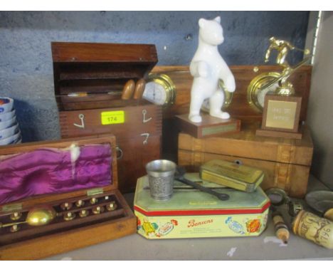 A mixed lot to include vintage tins, a Sike's hydrometer, a Kelvin Hughes nautical style barometer, a reproduction pipe, pewt