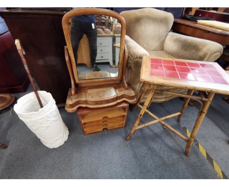 A Victorian mahogany swing mirror together with a bamboo table, a cabinet, a silver mounted walking stick and a ceramic stick