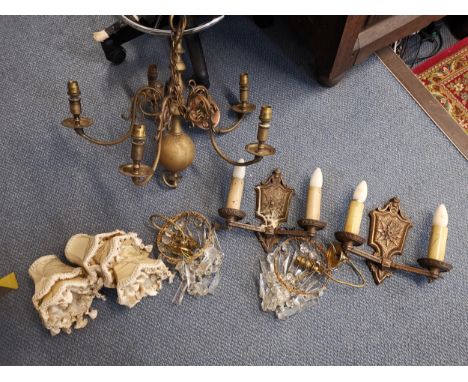 Lighting to include a five branch chandelier, a pair of wall lights and a pair of ceiling lights with glass dropletsLocation: