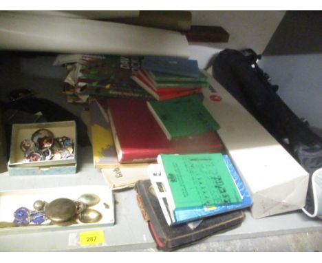 A mixed lot to include vintage badges, silver spoons, tools, Record wood working plane, books and other itemsLocation: 