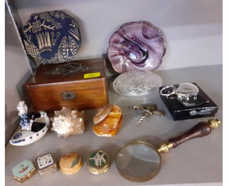 An oak jewellery box, two shells, a magnifying glass, pill boxes and ornaments to include a Wilfred Gibson painted pottery fi