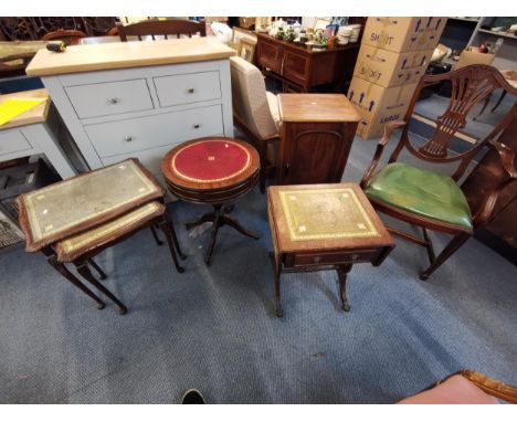 Small reproduction furniture to include a drum table, nest of tables, chair and a sofa table, together with a Victorian pot c