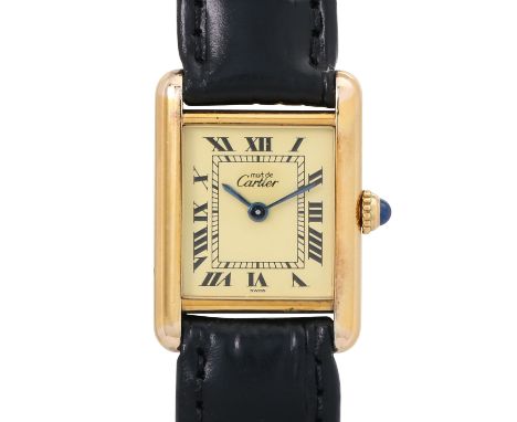 CARTIER Tank Vermeil Ref. 5057001 Damen Armbanduhr. 925 Silber vergoldetes Gehäuse. Neuwertiges schwarzes Lederband mit Kroko