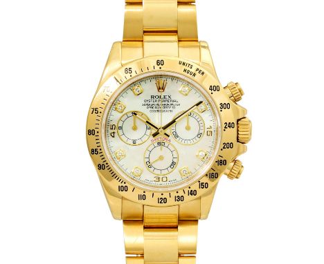 ROLEX Cosmograph Daytona "Silber Perlmutt &amp; Diamanten", Ref. 116528. Armbanduhr. Gelbgold 18K. Serien Nr. 40A10XXX. Autom