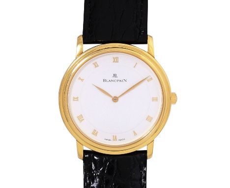 BLANCPAIN Villeret Ref. 0021-1418 ultraflache Herren Armbanduhr. 18K Gelbgoldgehäuse mit Glasboden. Schwarzes Krokolederarmba