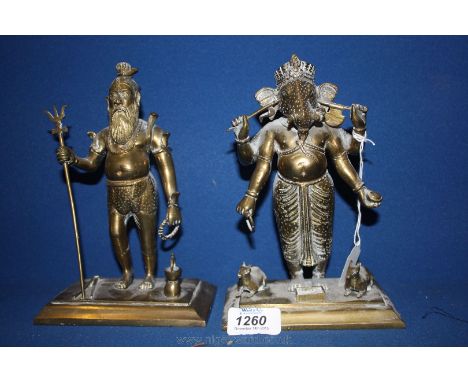 A Brass figure of Ganesh with a pair of rats at his feet, 8'' tall together with a Brass figure of a bearded Man with a tride