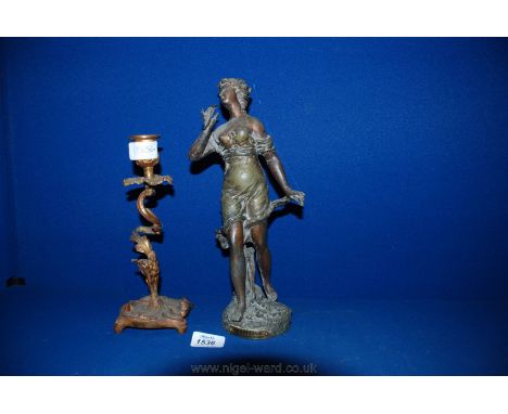 A gilt twisted Candlestick and a Spelter figure of a lady