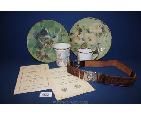 A box of miscellanea including Queen Victoria enamel Cup and beaker, Girl Guide belt, a Scout and Guide Thanksgiving service 