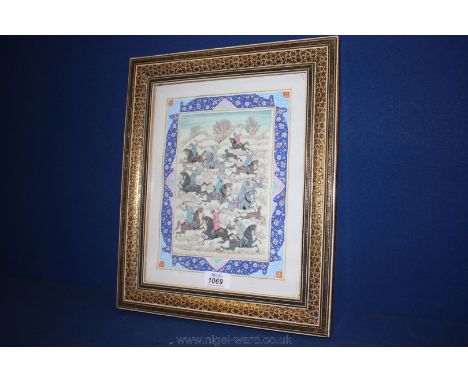 A contemporary Persian Hunting scene, framed 5 1/4'' x 7 3/4''.