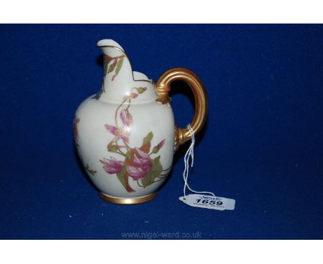 A small Royal Worcester flatback Jug, ivory ground with floral decoration, gilt handle and rims, reg. no. 29115, no. 1094, 4'