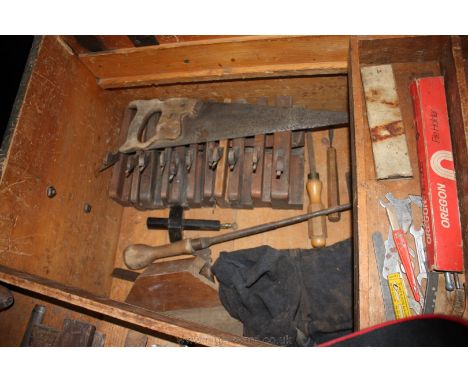 A 19th c. Pine fitted Carpenter's Tool Chest, marked to the lid Thos. Phillips, R.N.A.S. Leominster, having cleated lid and o