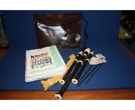 Two Recorders and a Leather music Case with sheet music for violin, flute, recorder and piano.