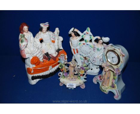 Two Staffordshire flatbacks, one a/f and a part Garniture comprising clock and candelabra, a/f
