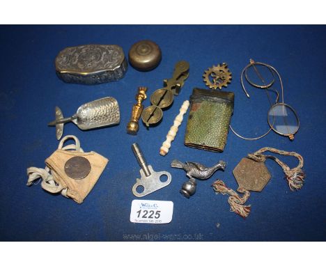 A Shagreen Etui (as found), pipe tamper, caddy spoon, set of brass Sovereign Scales, etc.