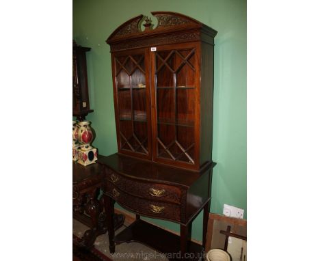 A late Victorian Chippendale revival Display Cabinet on stand, the top having pierced fret cut pediment over applied floral m