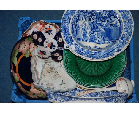 A quantity of china including Cabbage plates, Coalport plates, part hors d'oeuvre set in oriental pattern, ladle, lmari patte