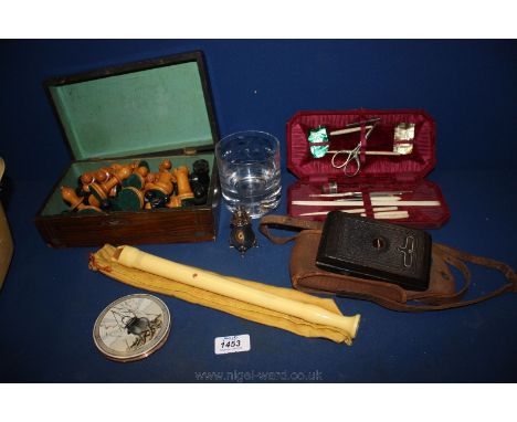 A quantity of miscellanea including wooden ''Staunton'' chess set, Kodak Camera, Victorian sewing set, Hohner Recorder, etc.
