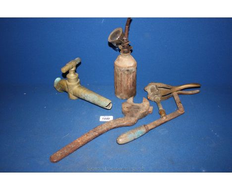 Two metal oil cans, spring gauge, barrel tap and brass cork machine, hand operated, large open ended Spanner, etc.