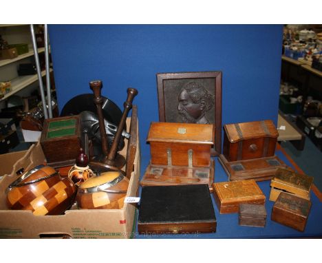 A quantity of Treen items including pair of biscuit barrels, pair of tall candlesticks, rolling pin, boxes, desk tidies, mask