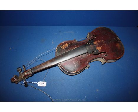 A full size Violin, having scroll carved head stock, Mahogany neck, ebony finger board, very well used, spruce top  - in need