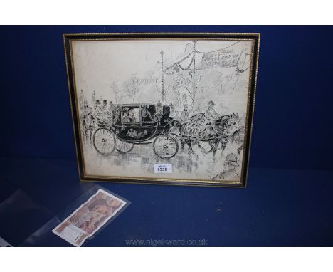 A framed monochrome Engraving depicitng King George V in a carriage drawn by a team of horses amidst a procession passing und