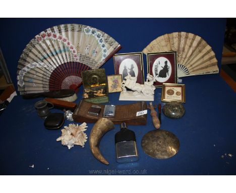 A quantity of miscellanea including fans, cribbage score board, clothes brushes, small embroidery, shell, lighters, travel cl