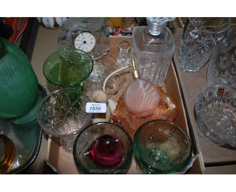 A quantity of Glass including square cut glass decanter and stopper, red bird paperweight, two hand blown sundae dishes, gree