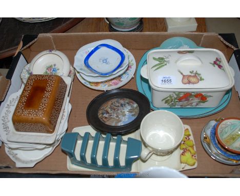 A quantity of china including Midwinter two tier cake plate, Carlton ware Mug and sandwich plate, pot lid, Bouquet sandwich s